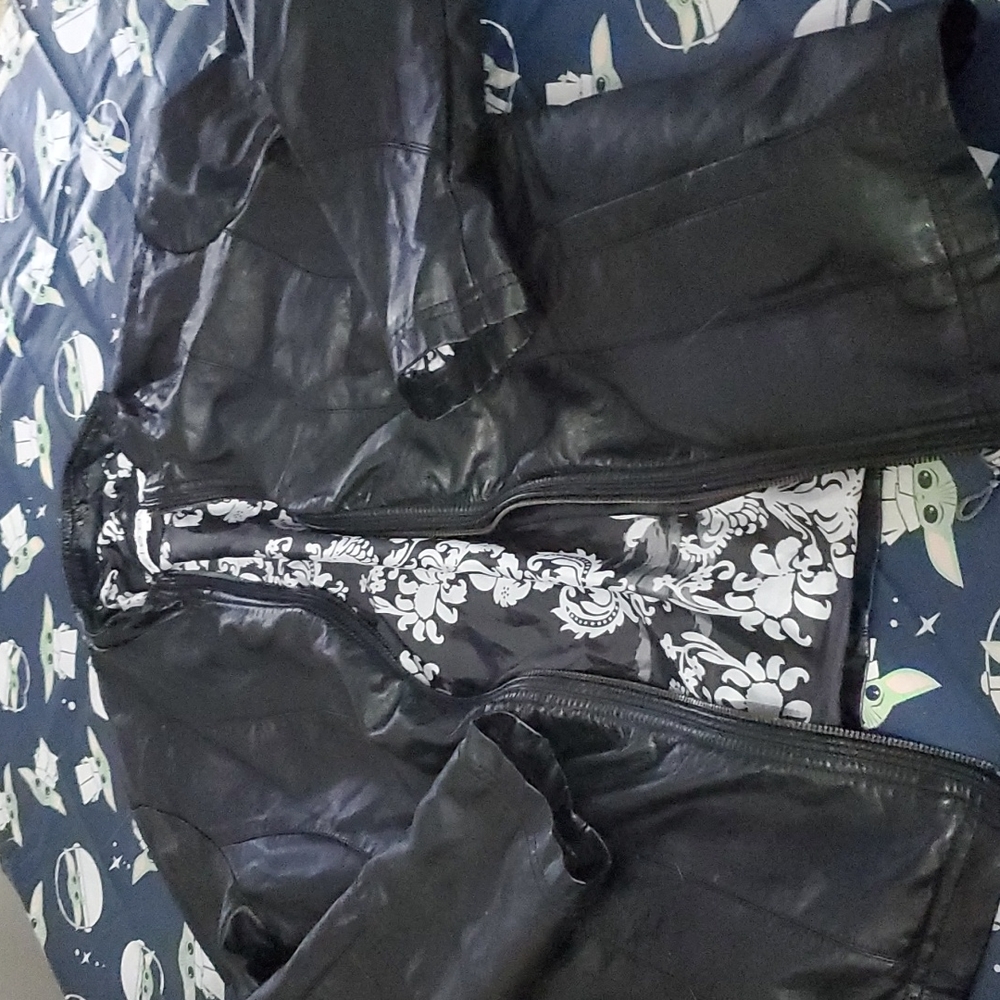 Women's leather jacket black with floral lining